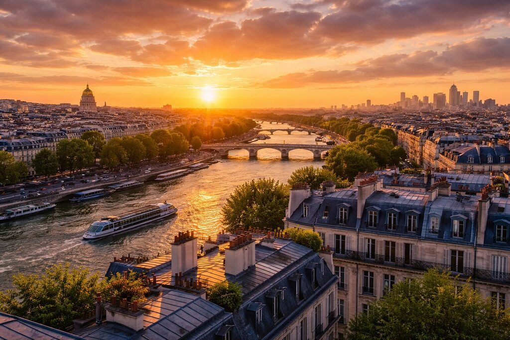 Best time to visit Paris in 2026 with scenic city skyline and Seine river at sunset