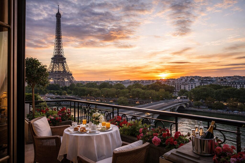 Eiffel Tower view from hotel balcony with Seine River at sunset – luxury stay in Paris 2026