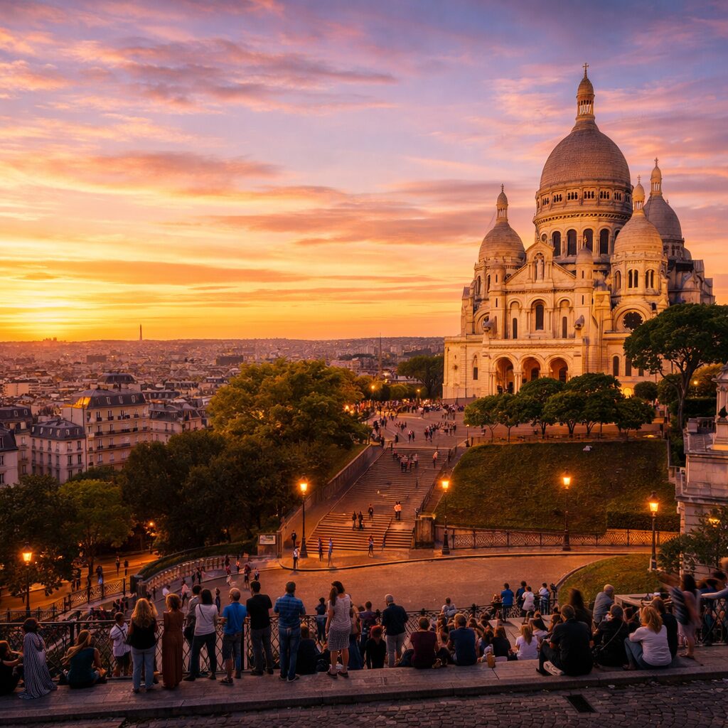 Sacré-Cœur Basilica overlooking Paris at sunset with people enjoying the view