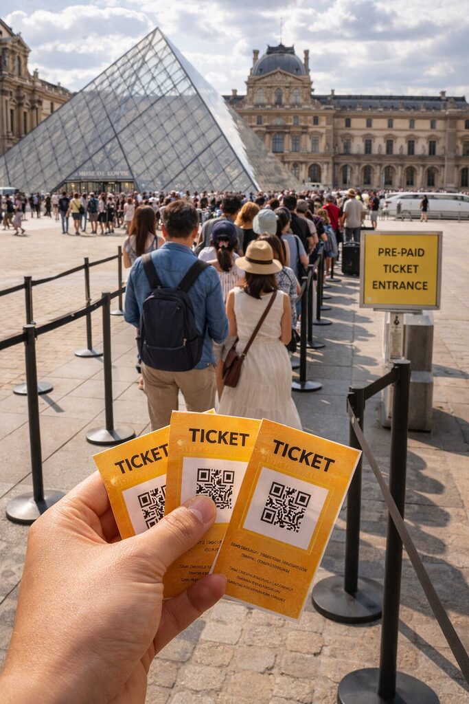 Tourists queuing at the Louvre Museum with tickets in hand to avoid long waiting lines