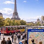 Tourists visiting major Paris attractions near the Eiffel Tower on a clear day