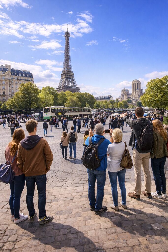 Tourists visiting major Paris attractions near the Eiffel Tower on a clear day