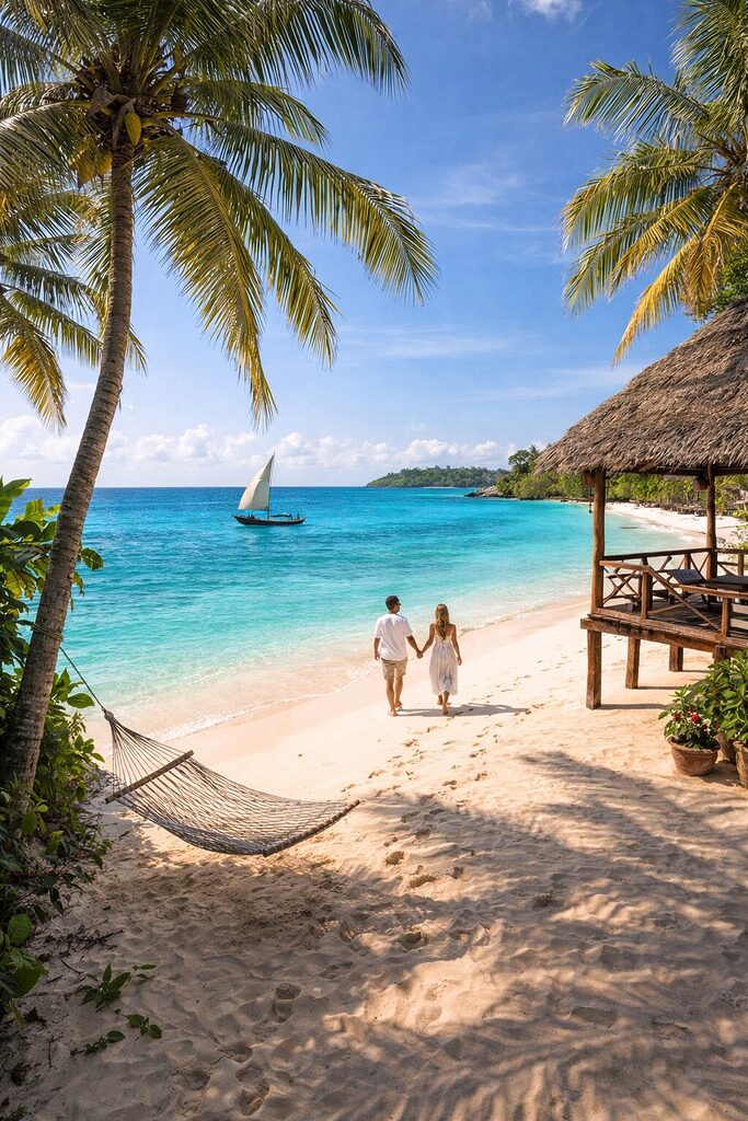 Zanzibar beach in Tanzania with white sand, turquoise ocean, palm trees and dhow boat – Africa beach destinations 2026