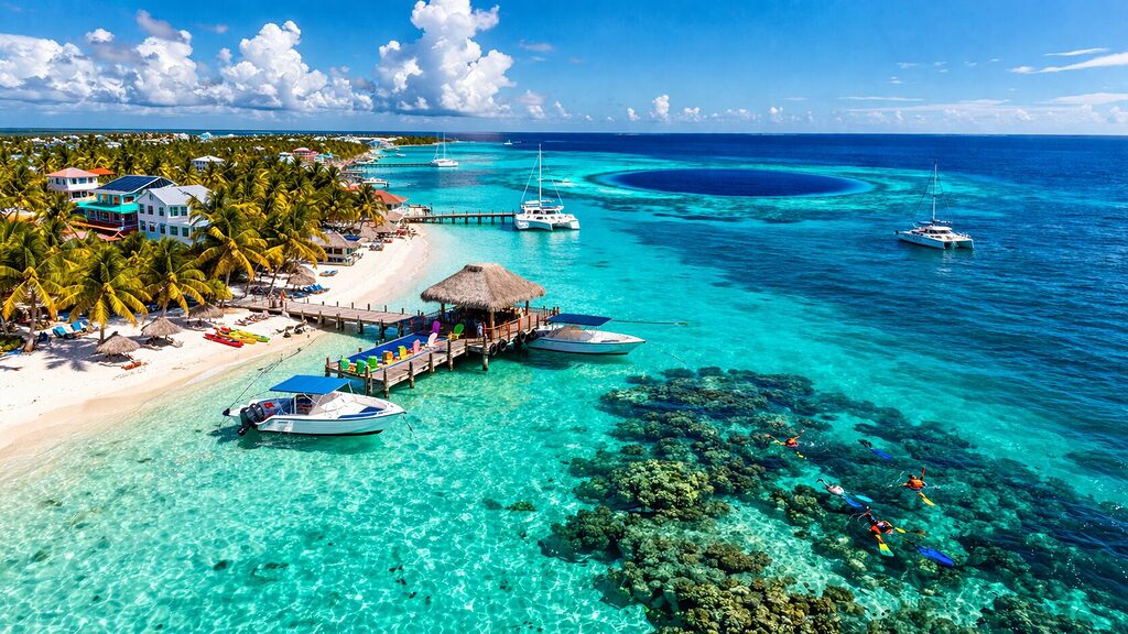 Ambergris Caye Belize aerial view with turquoise water coral reef and tropical beach resorts