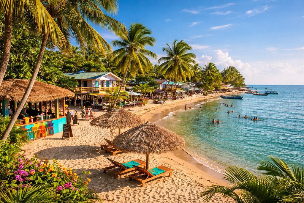 Placencia Belize beach village palm trees Caribbean coastline colorful houses