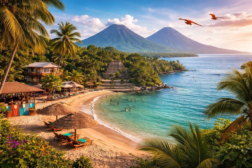 Central America tropical landscape beach jungle volcano ocean travel destination