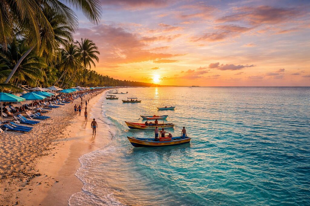 Negril Jamaica Seven Mile Beach sunset palm trees boats tropical coastline