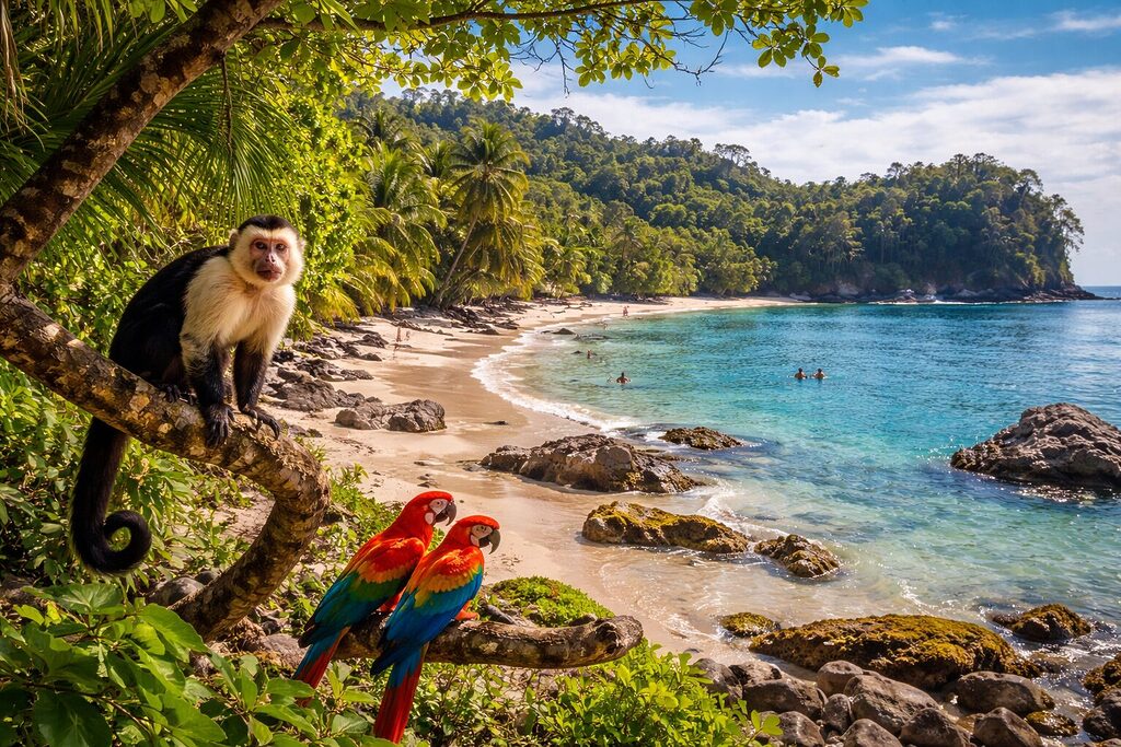 Manuel Antonio Costa Rica beach with monkeys tropical rainforest and ocean view