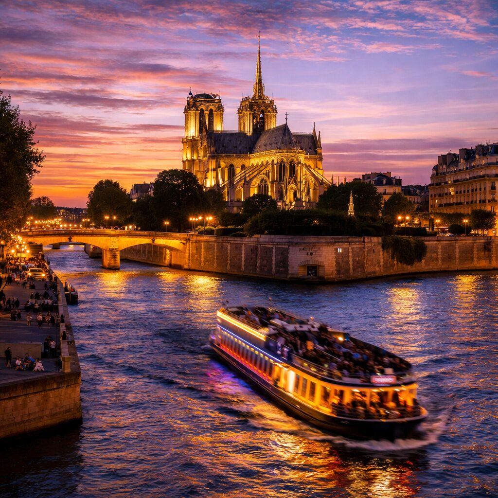 Seine river cruise boat passing Notre-Dame at sunset with city lights reflecting on water