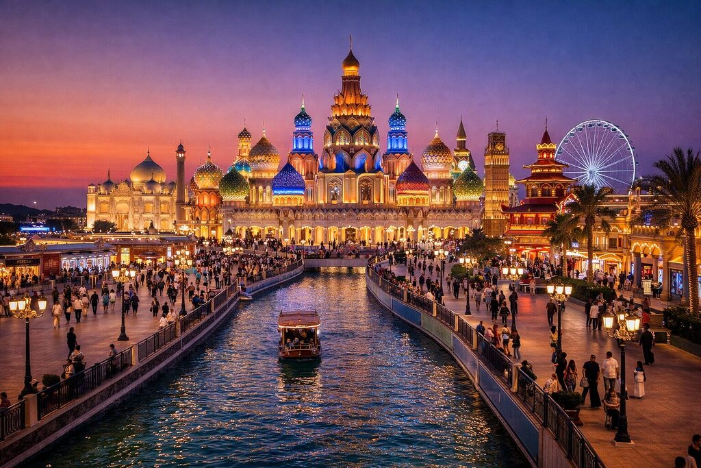 Global Village Dubai cultural pavilions and evening lights
