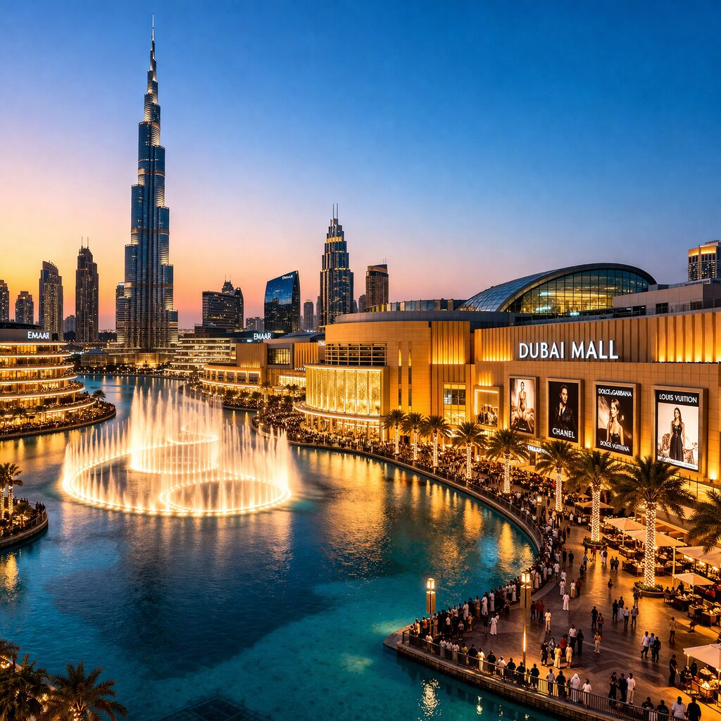 Dubai Mall fountain and Burj Khalifa view at night