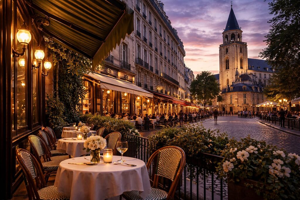 Saint-Germain-des-Prés Paris café street at evening with historic church – elegant area to stay in Paris 2026