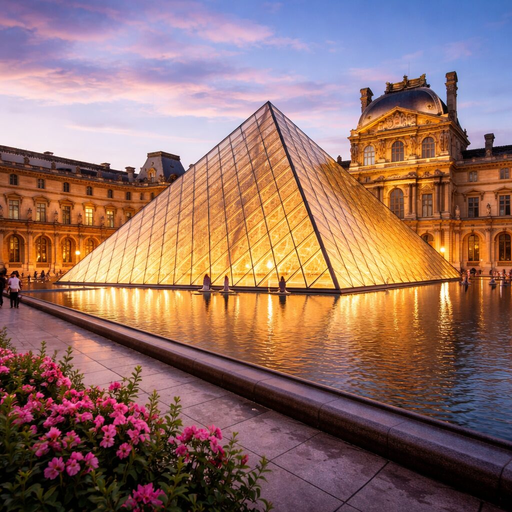 Louvre Pyramid illuminated at dusk with reflections in water and surrounding historic buildings