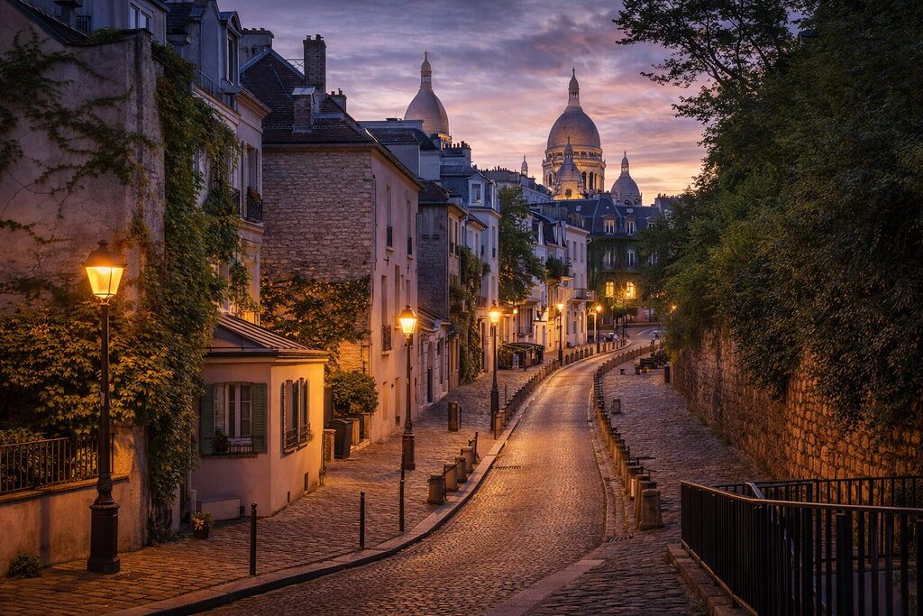 Montmartre Paris cobblestone street with Sacré-Cœur Basilica at sunset – charming area to stay in Paris 2026