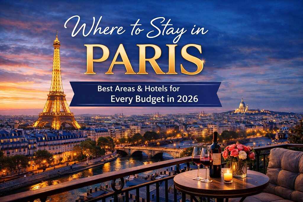 Where to stay in Paris 2026 – Eiffel Tower skyline view with Seine River and luxury hotel terrace at sunset