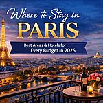 Where to stay in Paris 2026 – Eiffel Tower skyline view with Seine River and luxury hotel terrace at sunset