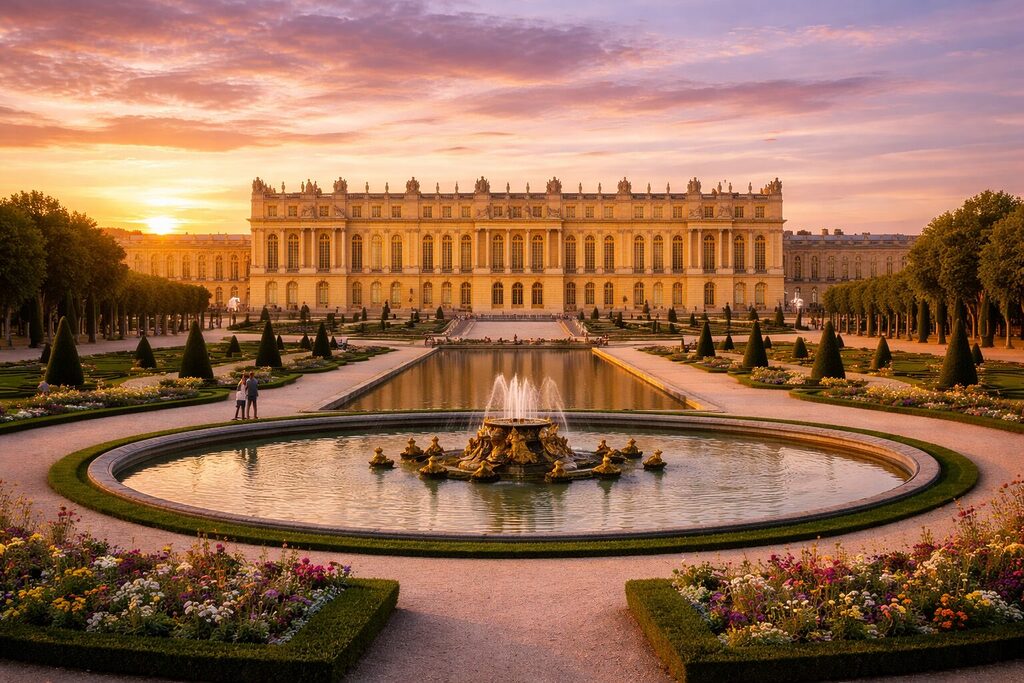 Palace of Versailles gardens and fountain at sunset with symmetrical landscape design