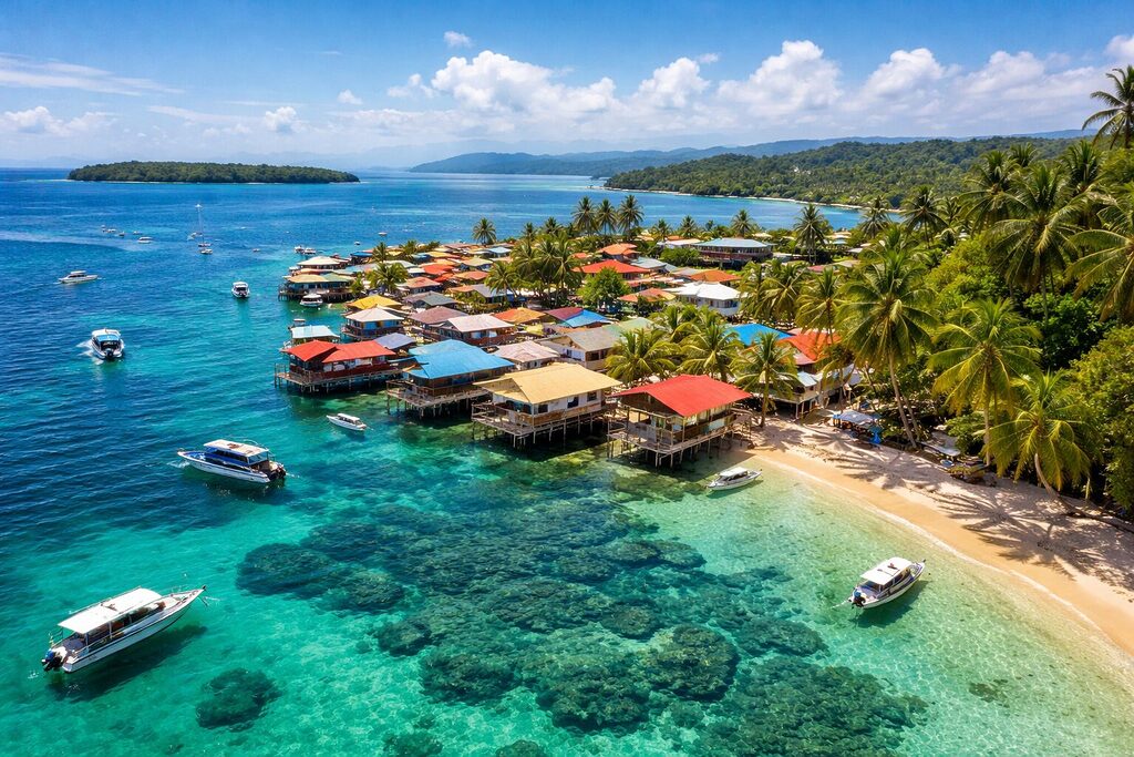 Bocas del Toro Panama aerial view with turquoise waters colorful houses and tropical islands