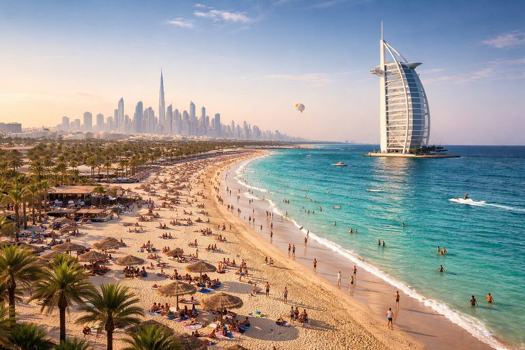 Jumeirah Beach Dubai with Burj Al Arab and city skyline