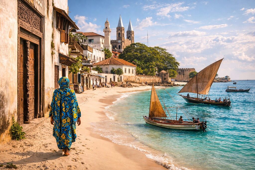 Zanzibar Stone Town beach scene with traditional dhow boats and historic architecture in Tanzania – Africa travel destination 2026
