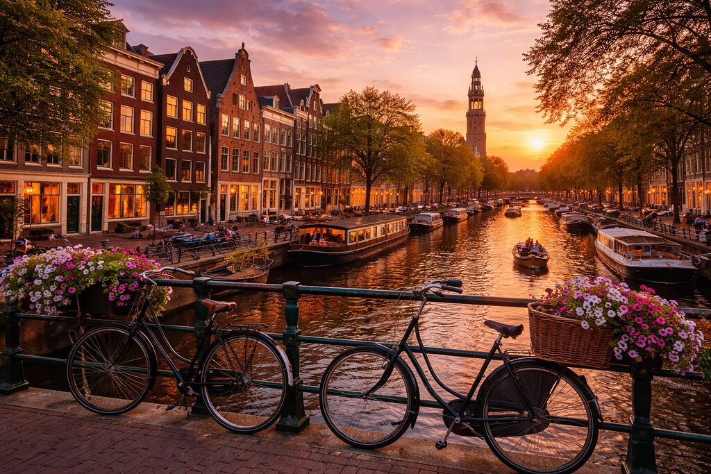 Amsterdam canal at sunset with historic houses, bicycles on bridge, boats and Westerkerk tower