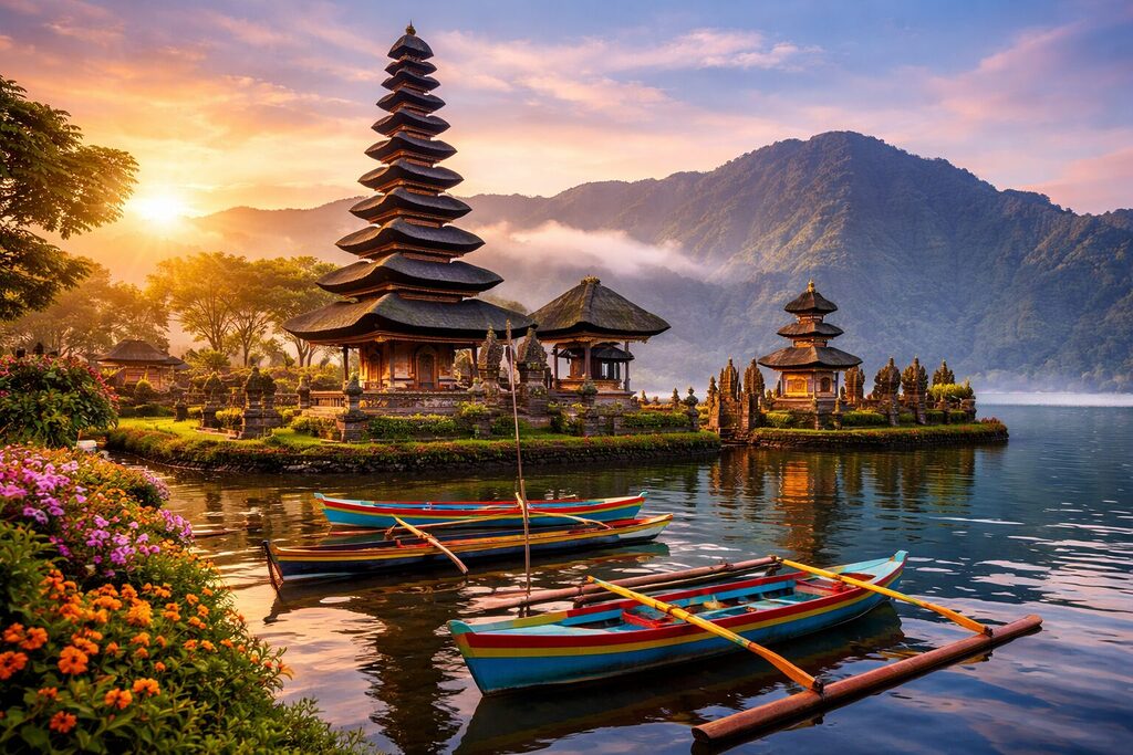 Ulun Danu Beratan Temple in Bali at sunrise with traditional boats on the lake and misty mountains in the background