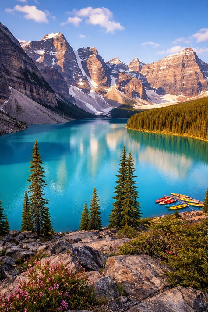 Moraine Lake in Banff National Park with turquoise water, Rocky Mountains and canoes in Canada