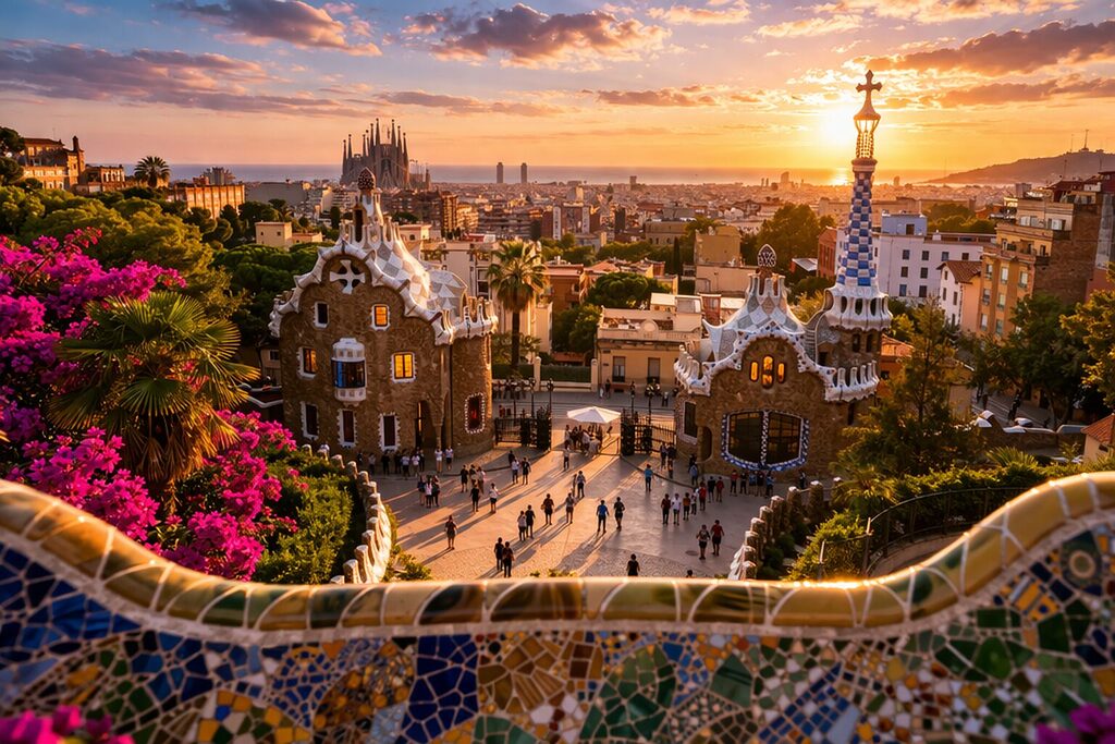 Barcelona skyline from Park Gรผell at sunset with Sagrada Famรญlia and colorful Gaudรญ mosaics