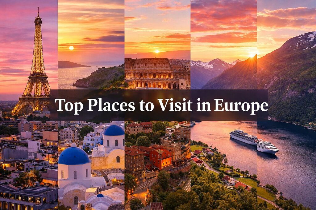 Best places to visit in Europe 2026 featuring Paris, Santorini, Rome, Dubrovnik and Norwegian fjords collage