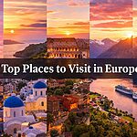 Best places to visit in Europe 2026 featuring Paris, Santorini, Rome, Dubrovnik and Norwegian fjords collage