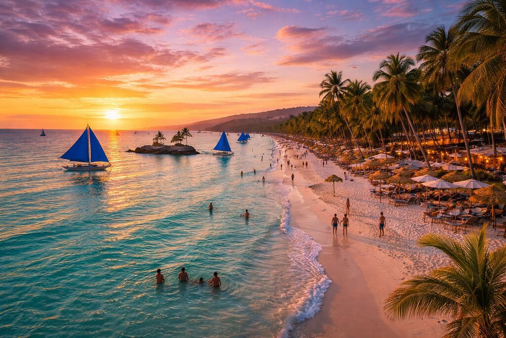 Boracay White Beach at sunset with sailboats, palm trees, and crystal clear water in the Philippines