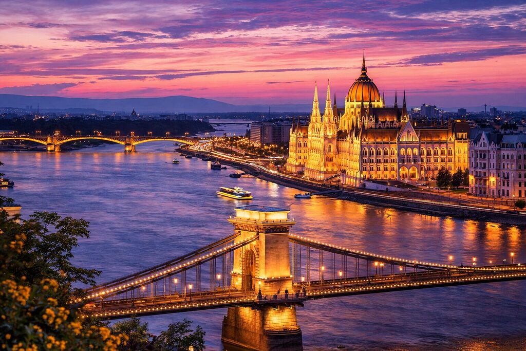 Budapest skyline at sunset with Hungarian Parliament, Chain Bridge and Danube River illuminated at twilight