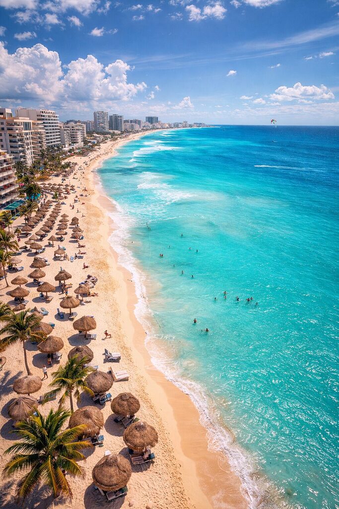 Cancun beach with turquoise Caribbean water, white sand, resorts and palm trees in Mexico