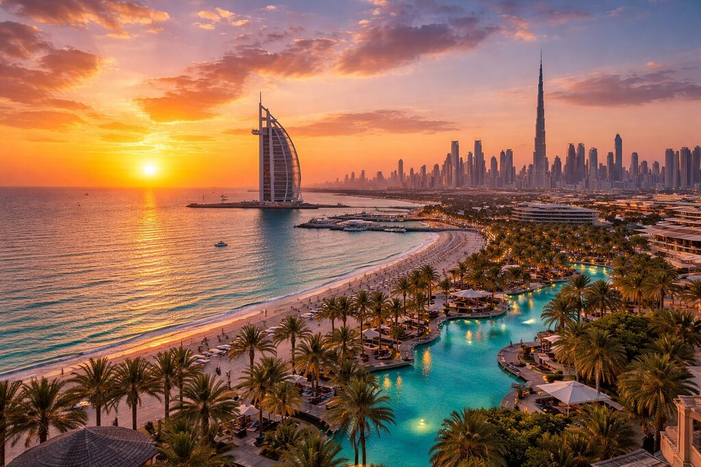Dubai skyline at sunset featuring Burj Khalifa, Burj Al Arab, luxury beach resort and coastline