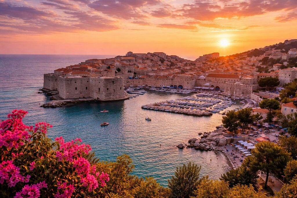 Dubrovnik Old Town at sunset with medieval walls, Adriatic Sea, harbor and terracotta rooftops in Croatia