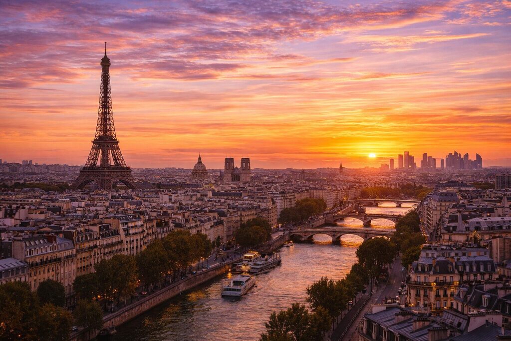Paris skyline at sunset with Eiffel Tower and River Seine glowing in golden light