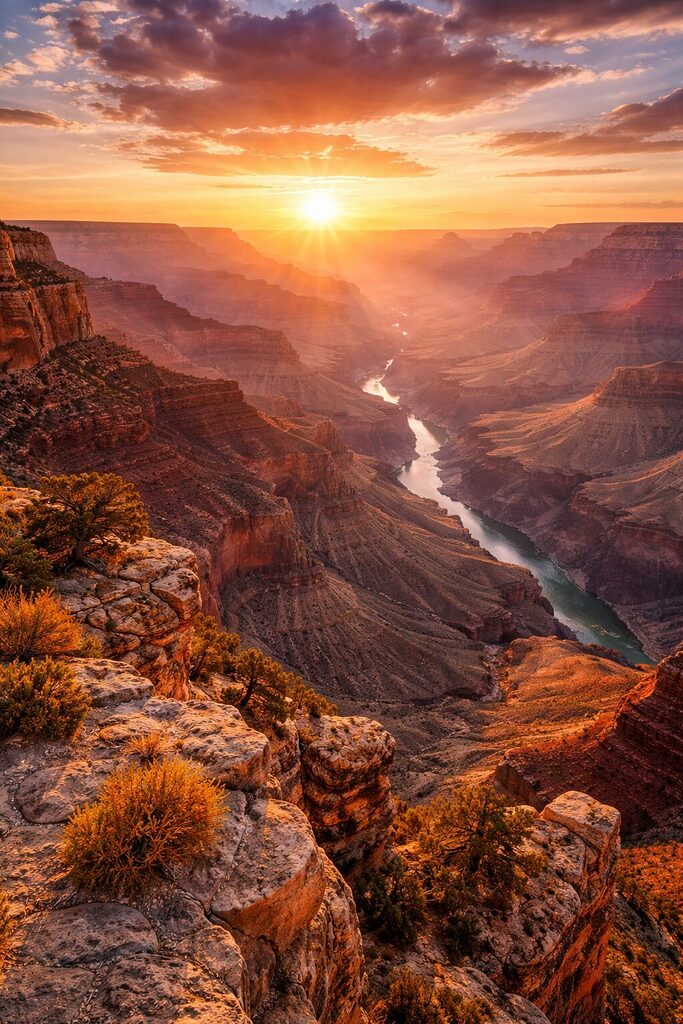 Grand Canyon at sunset with Colorado River, dramatic cliffs and golden light in Arizona USA
