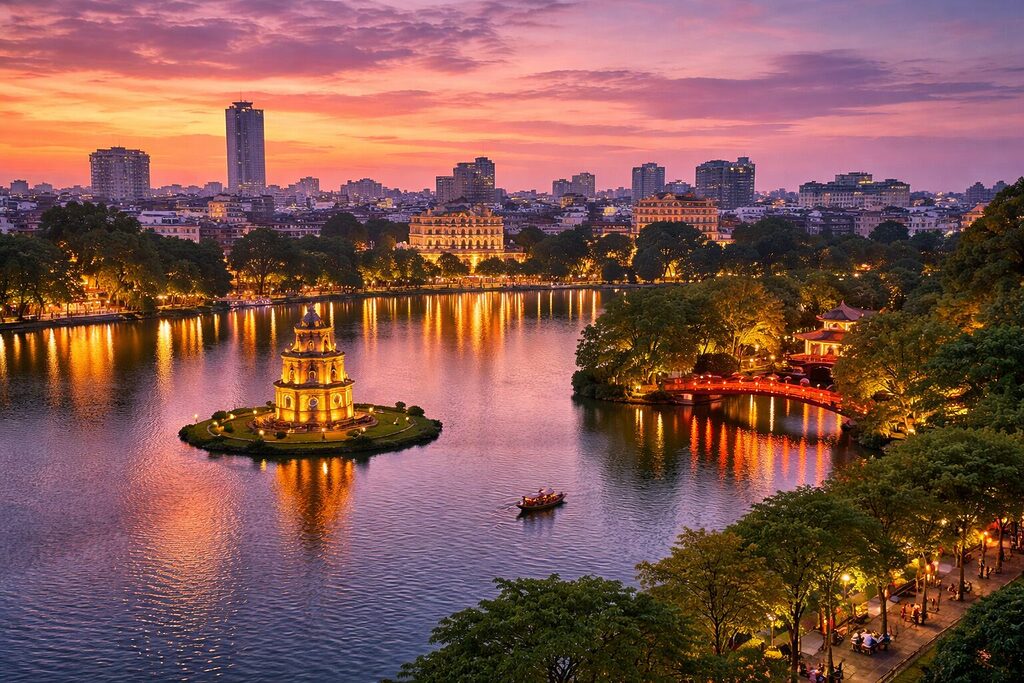 Hoan Kiem Lake in Hanoi at sunset with Turtle Tower, red bridge and city skyline reflections