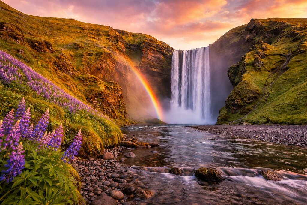 Skรณgafoss waterfall in Iceland with rainbow, river, green cliffs and sunset sky