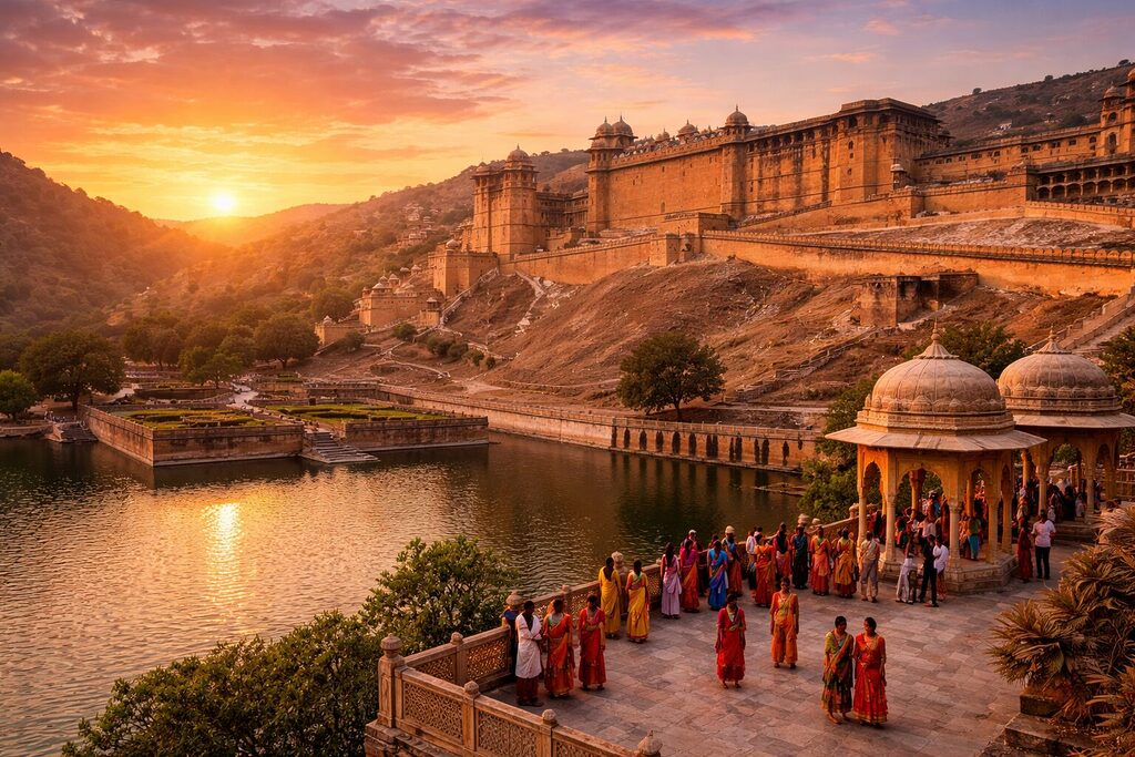 Amber Fort in Jaipur at sunset with Maota Lake and visitors in traditional Indian attire