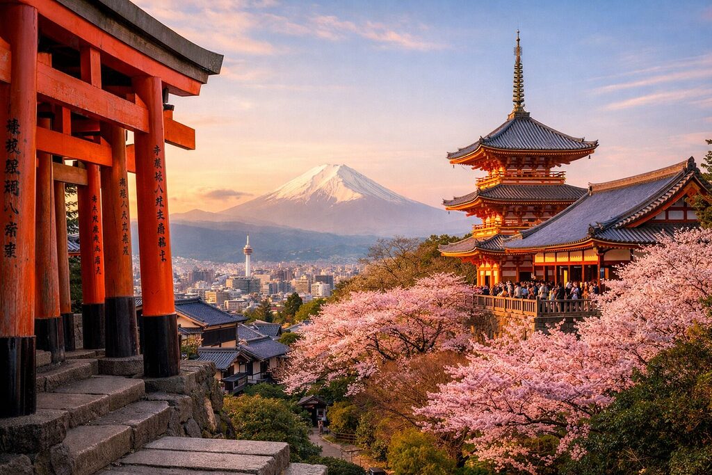 Kyoto Japan cherry blossoms at Kiyomizu-dera temple with Fushimi Inari torii gates and Mount Fuji in the background
