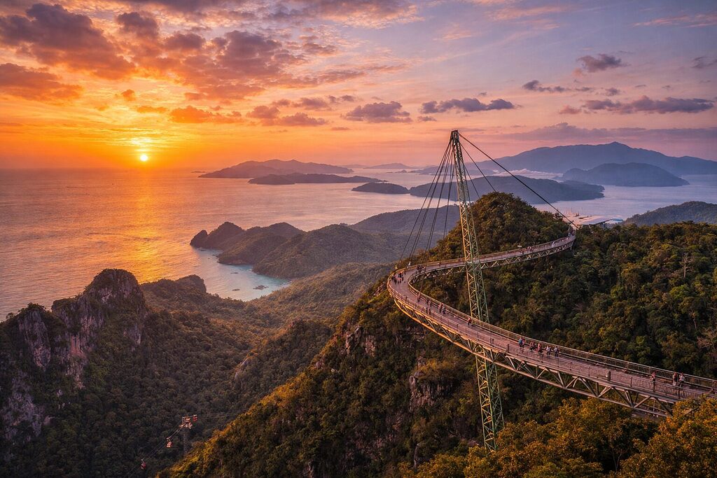 Langkawi Sky Bridge at sunset overlooking tropical islands and turquoise sea in Malaysia