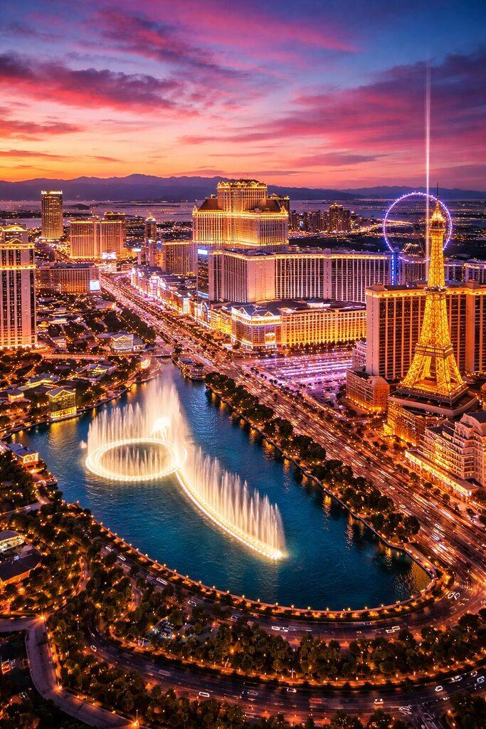 Las Vegas Strip at night with Bellagio fountains, Eiffel Tower replica and illuminated skyline in Nevada USA