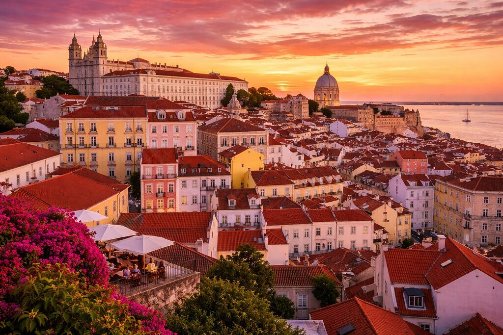 Lisbon skyline at sunset with Alfama district, red rooftops, National Pantheon and Tagus River in Portugal