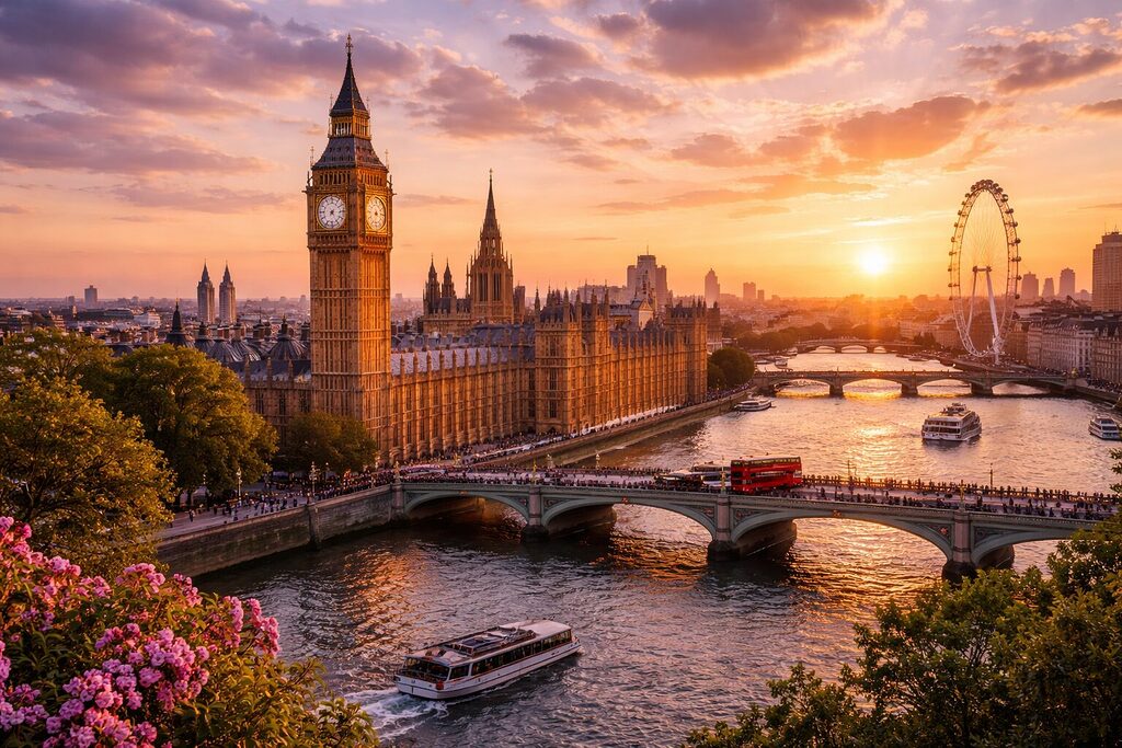 London skyline at sunset featuring Big Ben, Houses of Parliament, Westminster Bridge and River Thames with London Eye