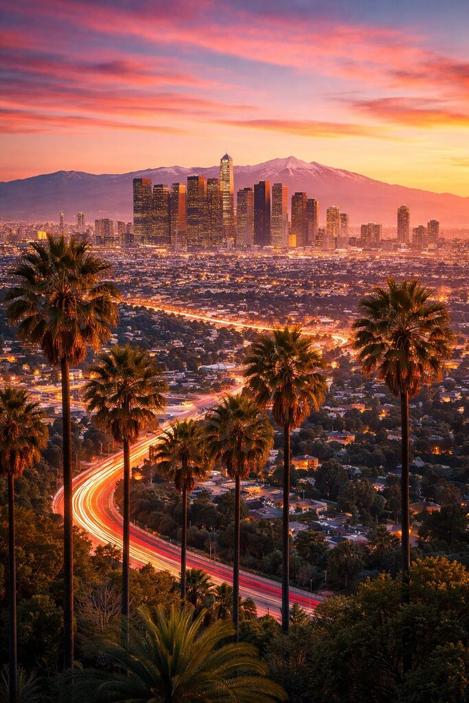 Los Angeles skyline at sunset with palm trees, city lights and mountains in California USA