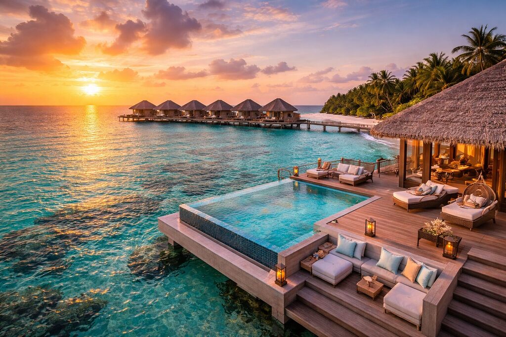 Luxury overwater villas in the Maldives at sunset with turquoise ocean and private infinity pool