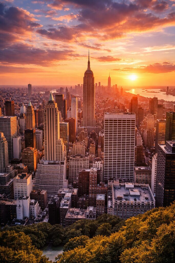 New York City skyline at sunset with Empire State Building, Central Park and Hudson River view – Best places to visit in North America in 2026