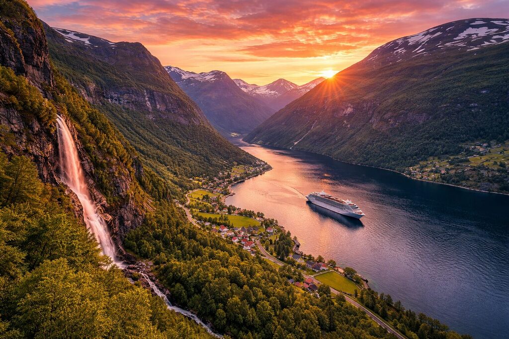 Norwegian fjords at sunset with mountains, waterfall, cruise ship and scenic village in Norway