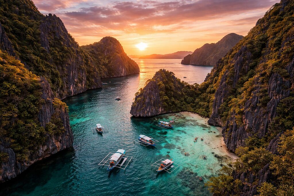 El Nido Palawan aerial view with limestone cliffs, turquoise lagoons and boats at sunset in the Philippines